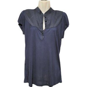 Blue Cotton top, Short Sleeve Cotton Blouse - Size XS